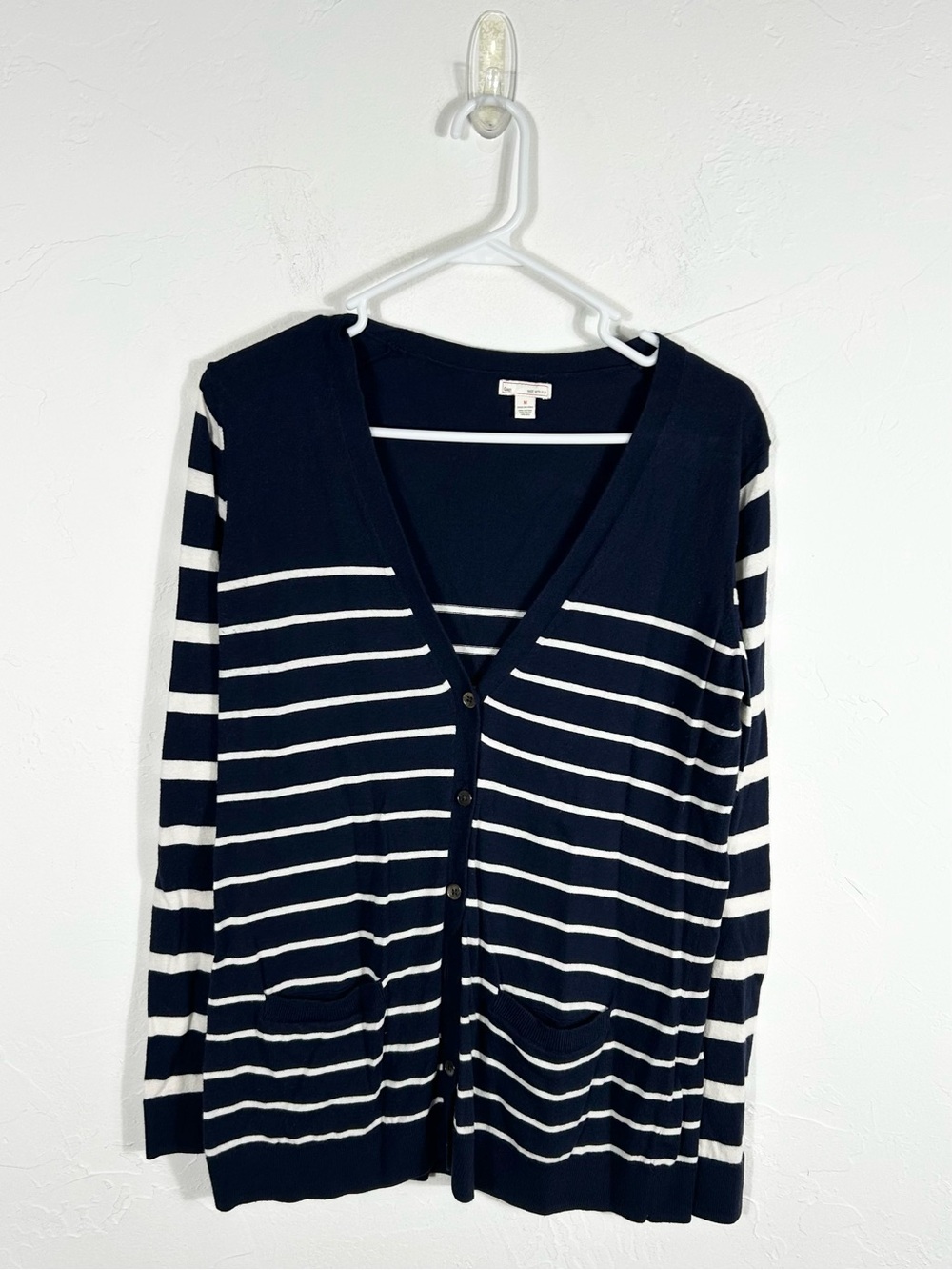 GAP Navy Blue and White Striped Silk Blend Button Front Cardigan Sweater